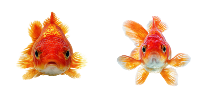 Two vibrant goldfish with bright orange and white scales swim facing forward, showcasing their flowing fins and expressive eyes.