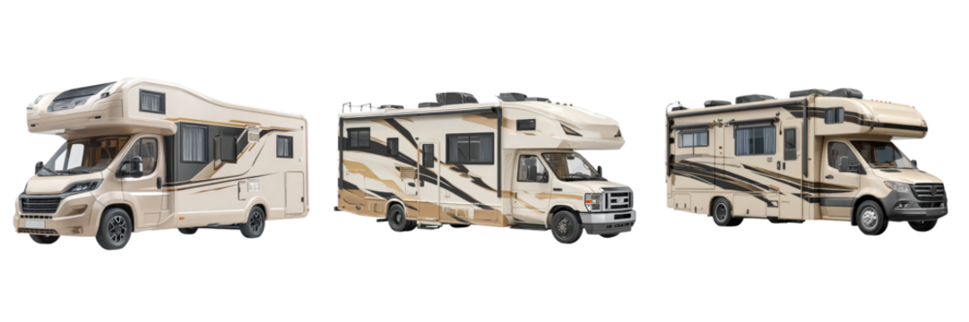 Three beige and white motorhomes with various designs and window placements, showcased side by side.