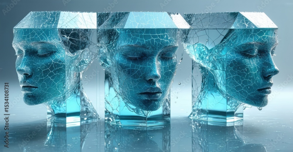 Poster three fractured faces encased within icy cubes. water droplets cascade down surfaces, creating surre