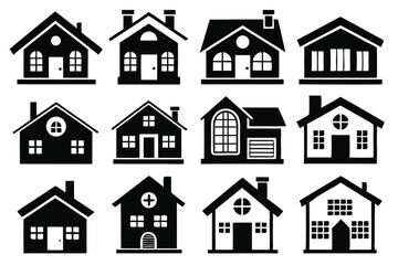 Fototapeta premium Collection of black and white house icons illustrating different architectural styles and designs