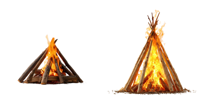 Two campfires burning brightly, each made from arranged wooden logs forming a teepee structure with visible flames and embers.