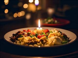 Fototapeta premium Delicious and romantic dinner plate is illuminated by the warm glow of a single candle, creating a cozy and intimate atmosphere with a soft bokeh background