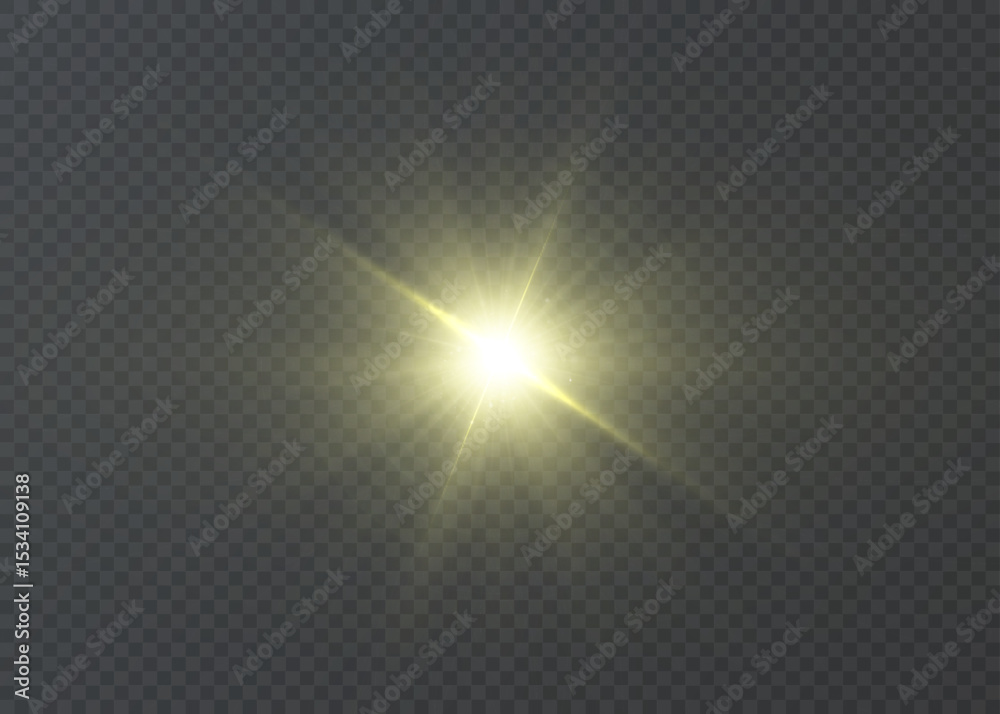 Poster yellow light flash with rays and glare on transparent background. bright shine and glow effect.