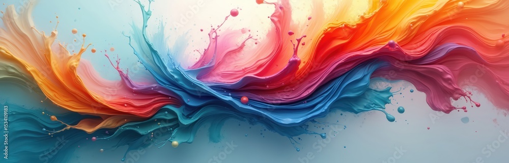 Poster Abstract illustration depicts fluid colorful paint splashes. Vibrant flow colors mixing together creates dynamic look. Artwork for website header banner or background with splashes, drops of liquid.