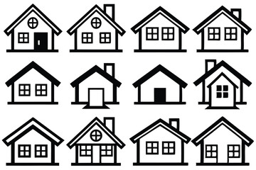 Collection of various minimalist black and white house icons and symbols on white background