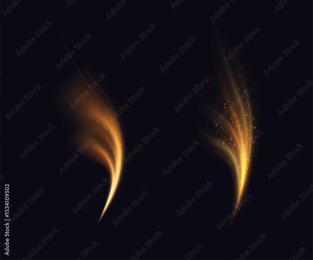Poster Curved streams of golden light with sparkling glow and soft lines on a dark background. For interfaces, animations, fantasy design and digital visualizations.