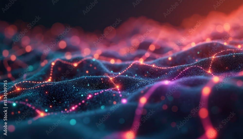 Aufkleber Abstract digital network of web connections, internet, deep web tech. Illustration of colorful technology. Geometric lines connect dots, glow effect, bright neon lights on dark background.