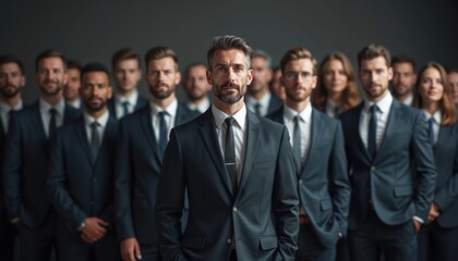 Fototapeta premium Diverse business team executives standing in front. Group of businesspeople in formal suits, CEO leading, looking at camera. Corporate collaboration. Modern company employees. Teamwork, leadership,