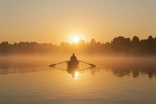 Person in a Boat on a Serene Lake.The concept of a calm mind through peace, relaxation and freedom.