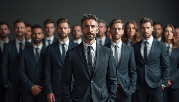 Diverse business team executives standing in front. Group of businesspeople in formal suits, CEO leading, looking at camera. Corporate collaboration. Modern company employees. Teamwork, leadership,