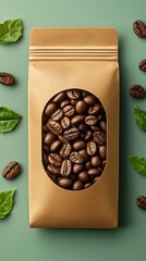 Golden packaging bag presenting roasted coffee beans and fresh leaves