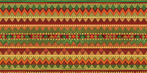 Colorful tribal pattern with vibrant geometric shapes in earthy tones.