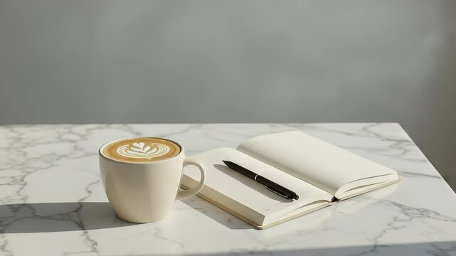 Latte Art Coffee Cup Beside Open Notebook And Black Pen On White Marble Table