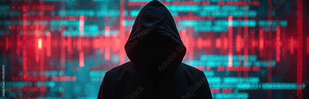 Poster Silhouette hooded figure against digital screen data. Red and turquoise colours represent technology. Cyber security, data protection concepts. Hacking attack, data breach.