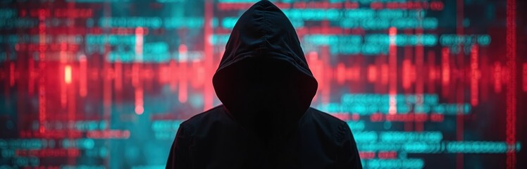 Silhouette hooded figure against digital screen data. Red and turquoise colours represent technology. Cyber security, data protection concepts. Hacking attack, data breach.