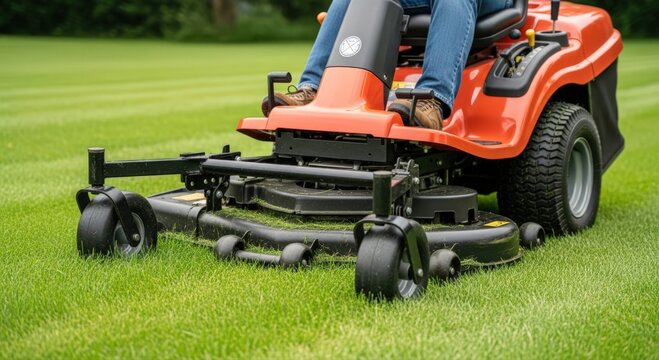 Man mowing lawn with riding mower. Landscaping and lawn care with stripes on grass.
