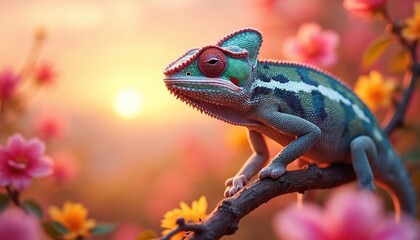Obraz premium Colorful chameleon resting on branch with flowers at sunset. Reptile with textured skin, vibrant colors. Nature, wildlife, tropical forest theme. Tranquil moment, beauty in natural world.