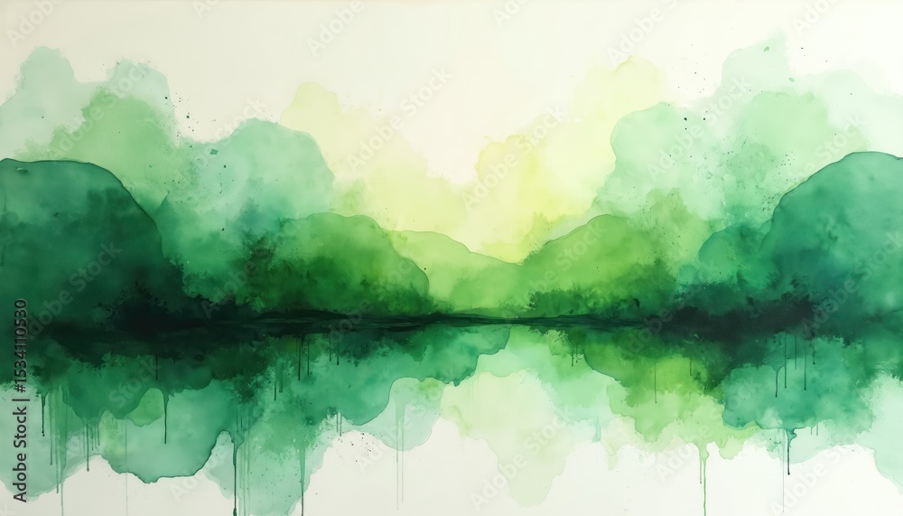 Poster abstract watercolor painting featuring dynamic green shades. artistic pattern with flowing textures,