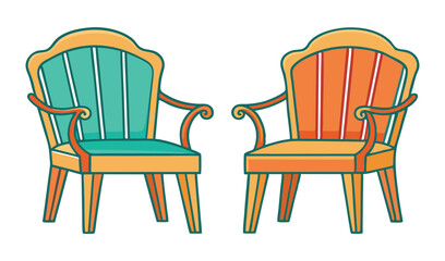 Photo of two vintage armchairs, one teal and one orange, face each other, isolated on white background
