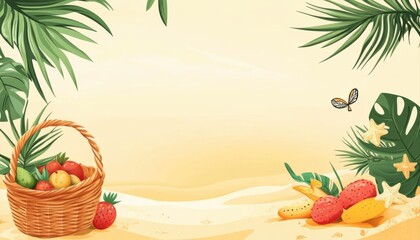 Beach scene with tropical elements including palm leaves and fruits in a basket