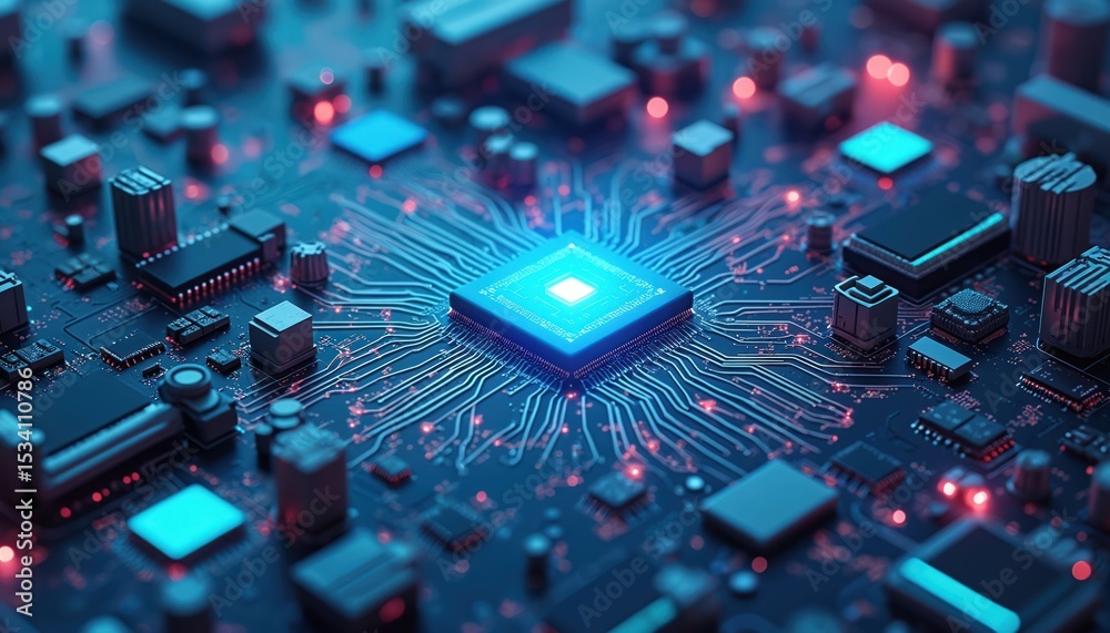 Poster Futuristic tech circuit board with glowing central processor. 3D render of computer microchip, motherboard, high-tech equipment, network, digital data flow, ai, semiconductors, engineering innovation.