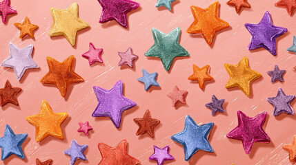 Scattered colorful glittery stars on a light pink background creating a pattern