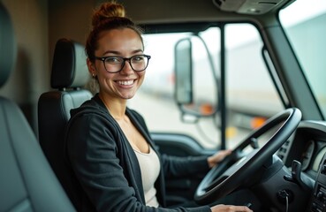 Smiling female truck driver poses for photo. Caucasian woman wearing glasses, driving semi truck, looking at camera. Happy driver in transport industry.
