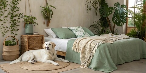 A calm, earthy-toned bedroom scene with a white dog relaxing on a bed styled with natural textiles, green accents, and indoor plants