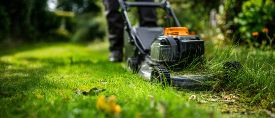 A person mowing the lawn with a black and orange lawnmower in a green backyard