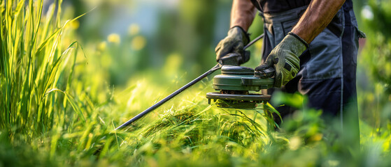 A person using a string trimmer to cut tall grass in a green outdoor environment