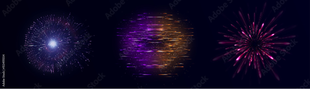 Poster Abstract light explosions with glow and sparkles on dark background. Energetic explosions and flashes of particle scatter.