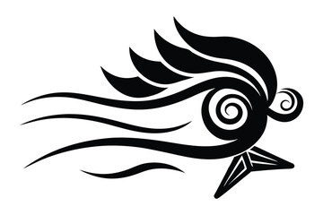 Abstract Phoenix Head Design with Flowing Lines and Spirals, Black and White Illustration