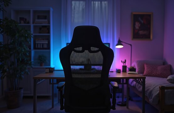Empty gamer workplace setup with gaming chair, keyboard mouse. Room features computer monitor, soft purple, blue neon light. Modern bedroom with computer, streamer setup. Digital entertainment, - Powered by Adobe
