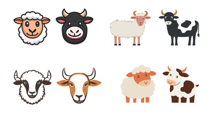 A clean and simple vector logo design featuring a stylized sheep and cow side by side, minimal lines, bold shapes, farm animals, agriculture theme, black and white contrast, modern branding icon