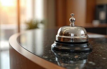 Shiny hotel reception desk bell. Silver bell on marble counter. Hospitality, service, and accommodation concepts are visually represented. Call staff, get support.