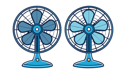 Photo of two blue desk fans, one darker and one lighter, isolated on white background