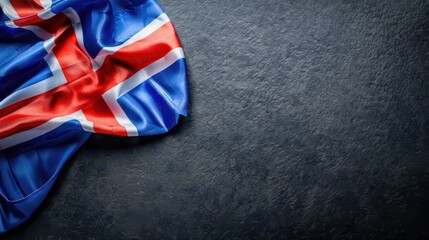 Icelandic national day celebration with flag on textured background. Horizontal banner. Copy space. Flag of Iceland on a stone background. Top view