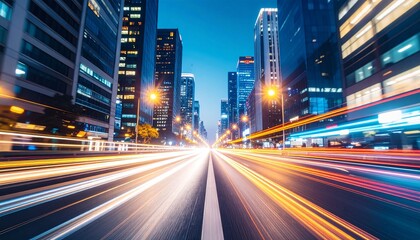 Fototapeta premium Long exposure captures car light trails streaking down a city road at dusk, with skyscrapers lining the street and city lights glowing, creating a dynamic scene.
