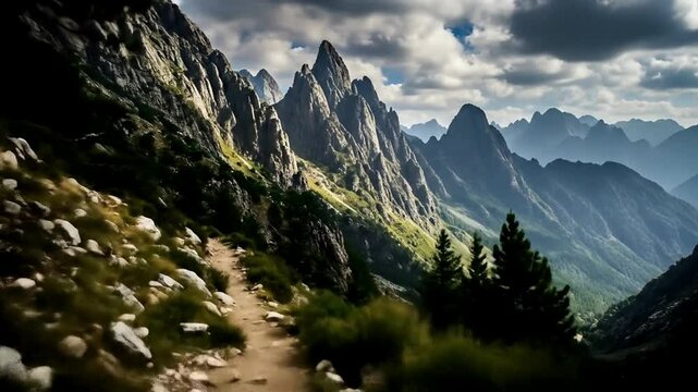 Hiking Trail Leading to Jagged Mountain Peaks Under a Cloudy Sky Scenic Landscape