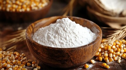 Bowl of Corn Kernels and Starch with Ripe Cobs