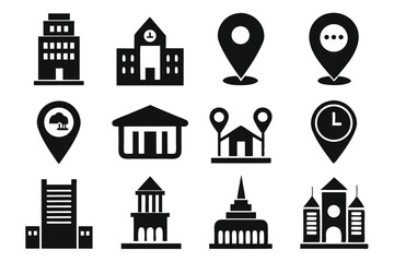 Black building icons representing location indicators for city navigation and architectural design