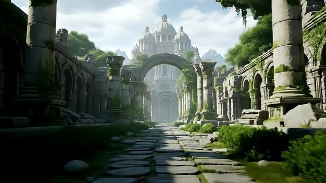Lush overgrown ruins of an ancient city