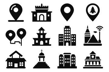 Collection of black icon buildings landmarks and location markers for various design uses