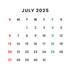 A calendar view of july of the year twenty twenty five with days marked in red and green color scheme