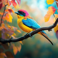 Vibrant tropical bird perched on a branch amidst a profusion of colorful blossoms, bathed in the warm glow of sunlight.
