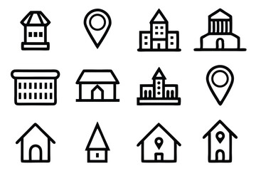 Fototapeta premium Collection of simplified black and white line art building and location icons