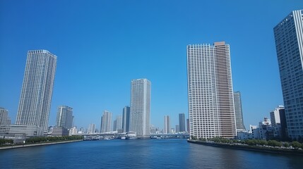 Fototapeta premium Modern city skyline viewed across calm water, under a vibrant blue sky. Tall residential buildings dominate the cityscape on a sunny day