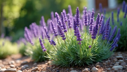 Obraz premium Lavender plants with vibrant purple flowers in garden. Blooming lavandula stoechas. Beautiful floral background. Sunny day. Summer season. Floral landscape. Green leaves and stones.