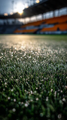 A close up of dewy grass at a stadium with blurred orange seats in background
