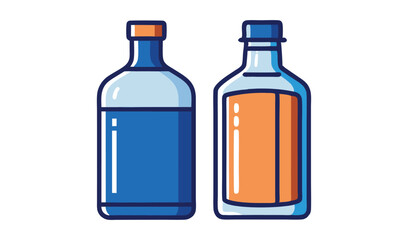 Obraz premium Photo of two bottles, one blue and one orange, stand isolated on white background